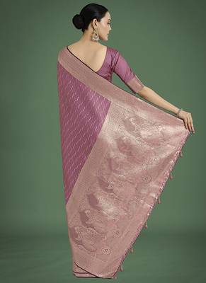 Dusty rose pink weaving banarasi satin silk blend saree 4