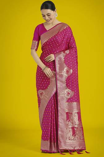 Gorgeous rani pink woven banarasi satin designer silk saree