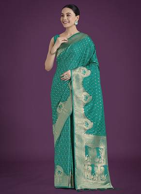 turquoise woven banarasi satin silk blend saree 1