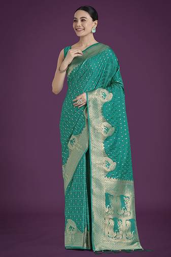 Gorgeous turquoise woven banarasi satin designer silk saree
