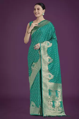 Gorgeous turquoise woven banarasi satin designer silk saree