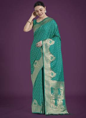 turquoise woven banarasi satin silk blend saree 2