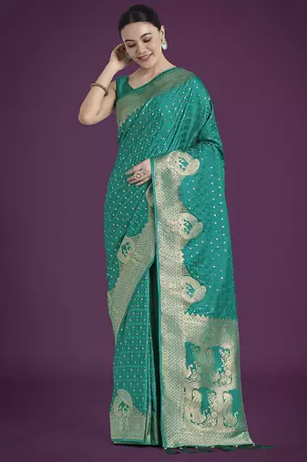 turquoise woven banarasi satin silk blend saree