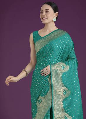 turquoise woven banarasi satin silk blend saree 3