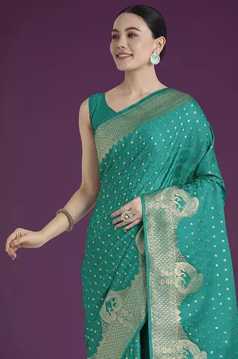 turquoise woven banarasi satin silk blend saree
