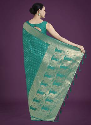 turquoise woven banarasi satin silk blend saree 4
