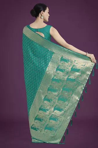 turquoise woven banarasi satin silk blend saree