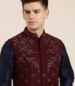 Maroon pashmina embroidery jacket with navy kurta set