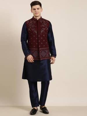 Maroon pashmina embroidery jacket with navy kurta set 2