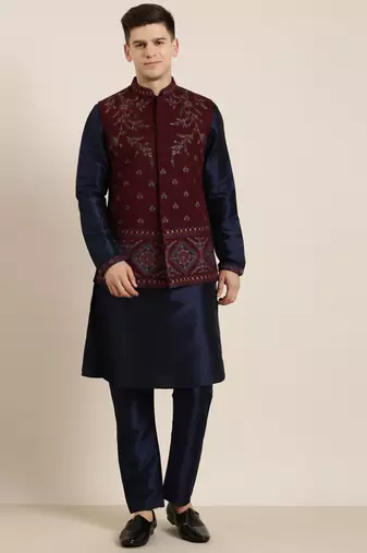 Maroon pashmina embroidery jacket with navy kurta set