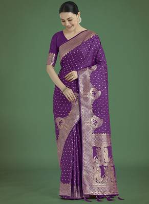 purple woven banarasi satin silk blend saree 1