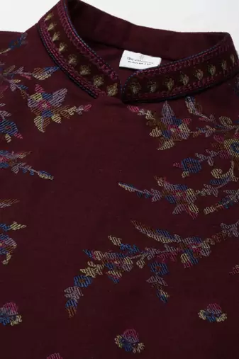 Maroon pashmina embroidery jacket with navy kurta set