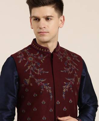 Maroon pashmina embroidery jacket with navy kurta set 4