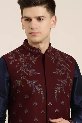 Maroon pashmina embroidery jacket with navy kurta set