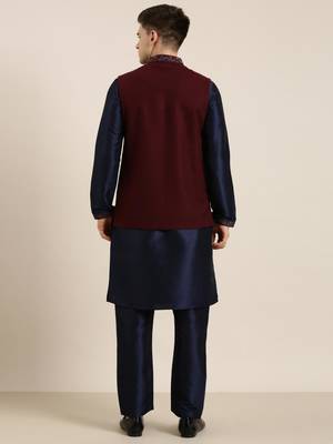 Maroon pashmina embroidery jacket with navy kurta set 5