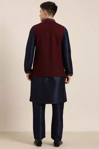 Maroon pashmina embroidery jacket with navy kurta set