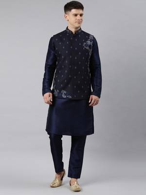 Navy blue embroidered jacket and kurta set 1