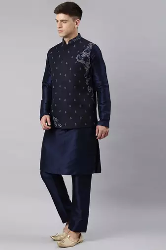 Navy blue embroidered jacket and kurta set