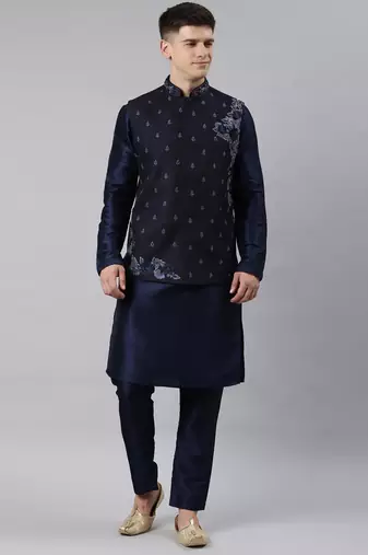Navy blue embroidered jacket and kurta set