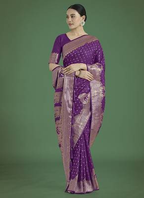 purple woven banarasi satin silk blend saree 2