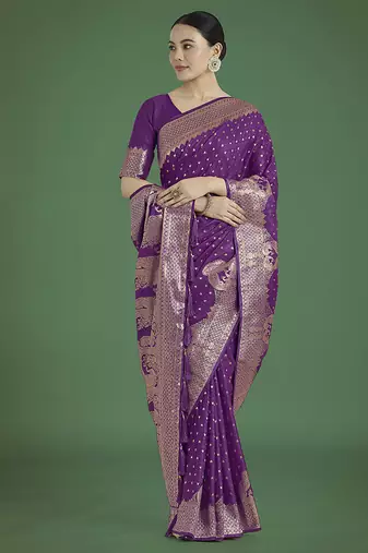 purple woven banarasi satin silk blend saree