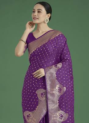 purple woven banarasi satin silk blend saree 3