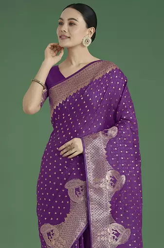 purple woven banarasi satin silk blend saree