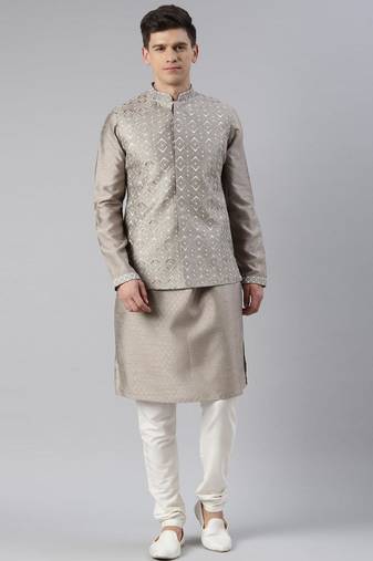 Grey embroidered jacket kurta set