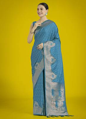 cyan blue woven banarasi satin silk blend saree 1