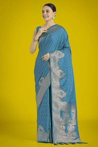 Gorgeous cyan blue woven banarasi satin designer silk saree