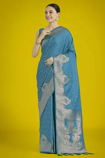 Gorgeous cyan blue woven banarasi satin designer silk saree