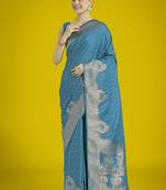 Gorgeous cyan blue woven banarasi satin designer silk saree
