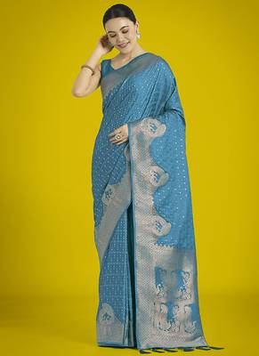 cyan blue woven banarasi satin silk blend saree 2