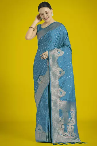 cyan blue woven banarasi satin silk blend saree