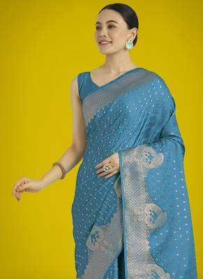 cyan blue woven banarasi satin silk blend saree 3