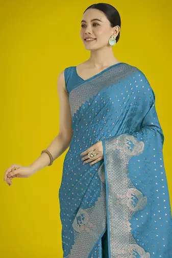 cyan blue woven banarasi satin silk blend saree