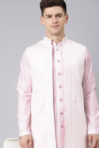 Pink linen embroidery long open jacket kurta set