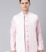 Pink linen embroidery long open jacket kurta set