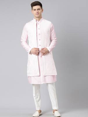 Pink linen embroidery long open jacket kurta set 2