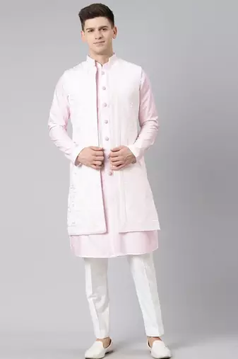 Pink linen embroidery long open jacket kurta set