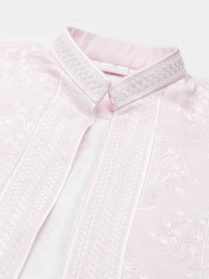 Pink linen embroidery long open jacket kurta set 3