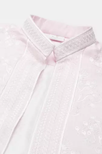 Pink linen embroidery long open jacket kurta set
