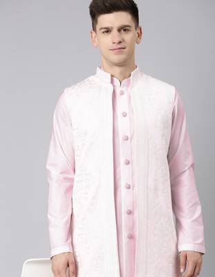 Pink linen embroidery long open jacket kurta set 4