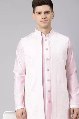 Pink linen embroidery long open jacket kurta set