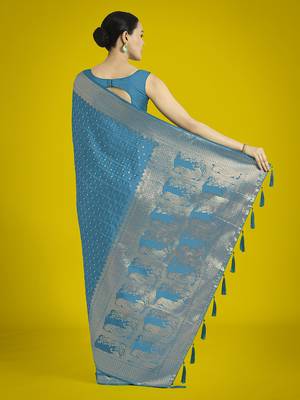 cyan blue woven banarasi satin silk blend saree 4