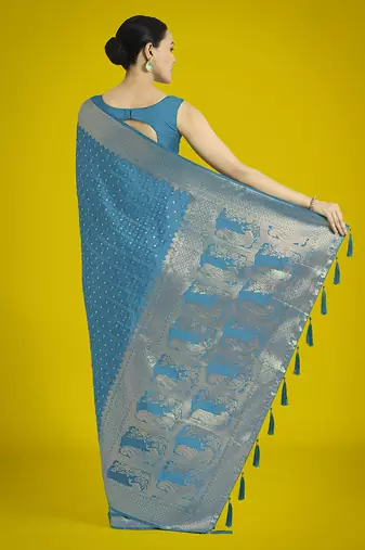 cyan blue woven banarasi satin silk blend saree