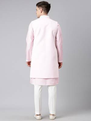 Pink linen embroidery long open jacket kurta set 5