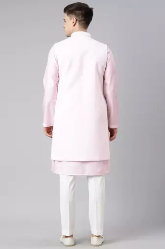Pink linen embroidery long open jacket kurta set