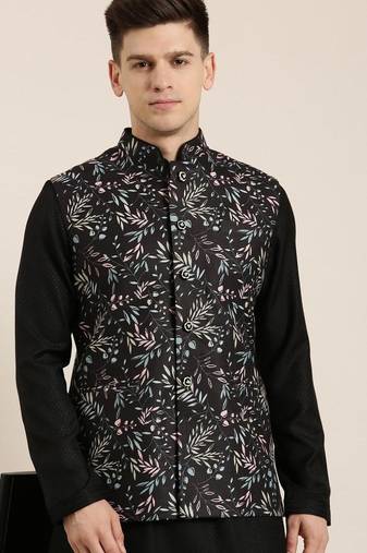 Black printed jacket kurta set
