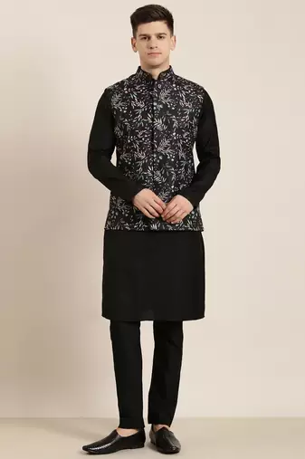 Black printed jacket kurta set
